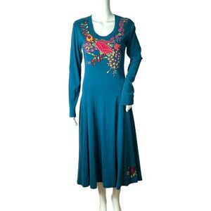 J Peterman Dress Womens Small Teal Blue Floral‎ Embroidered Knit Jersey Bohemian